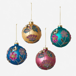 Sequin Floral Glass Ball Ornaments - Set of 4